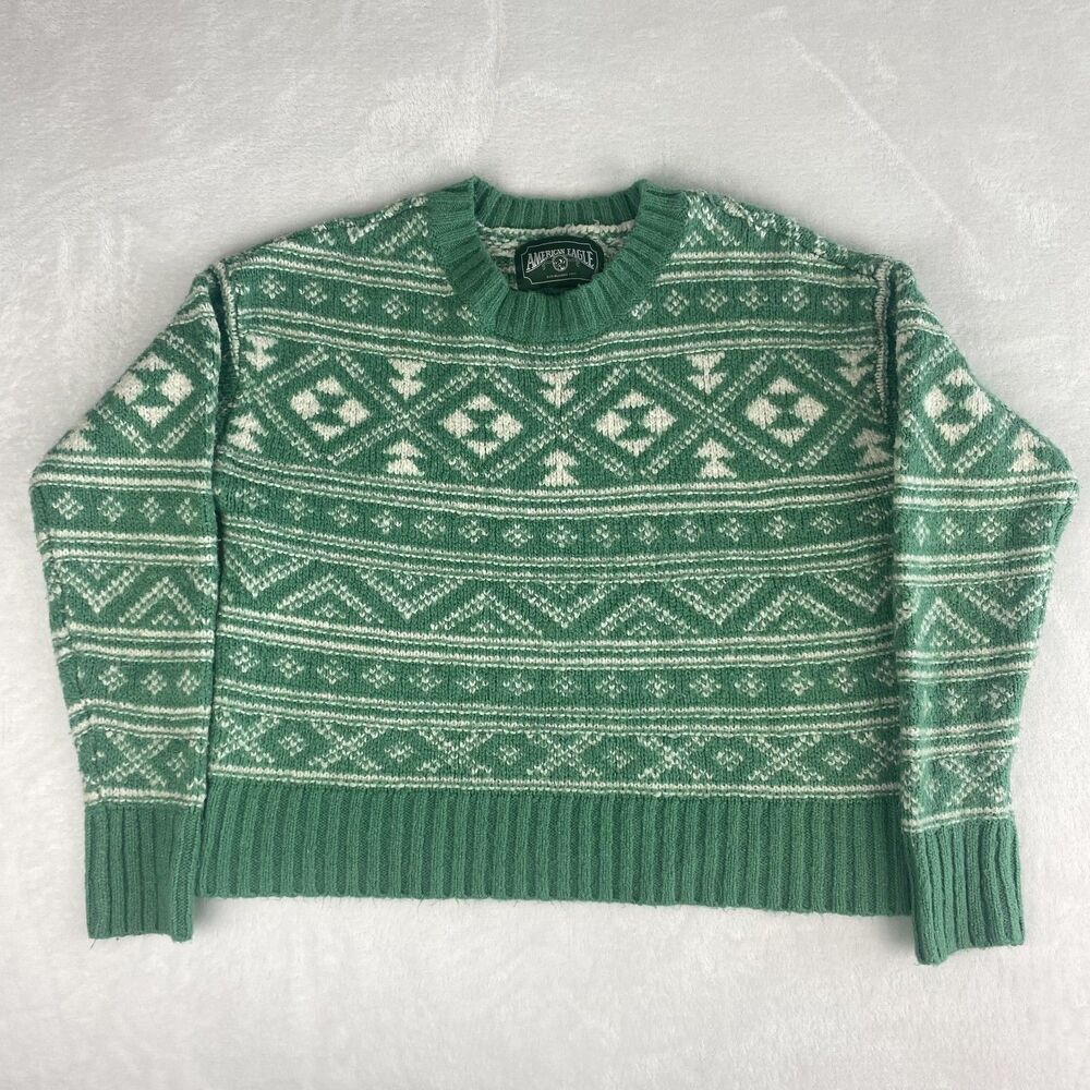 American Eagle Sweater Womens Extra Small Green White Fair Isle Knit Long Sleeve